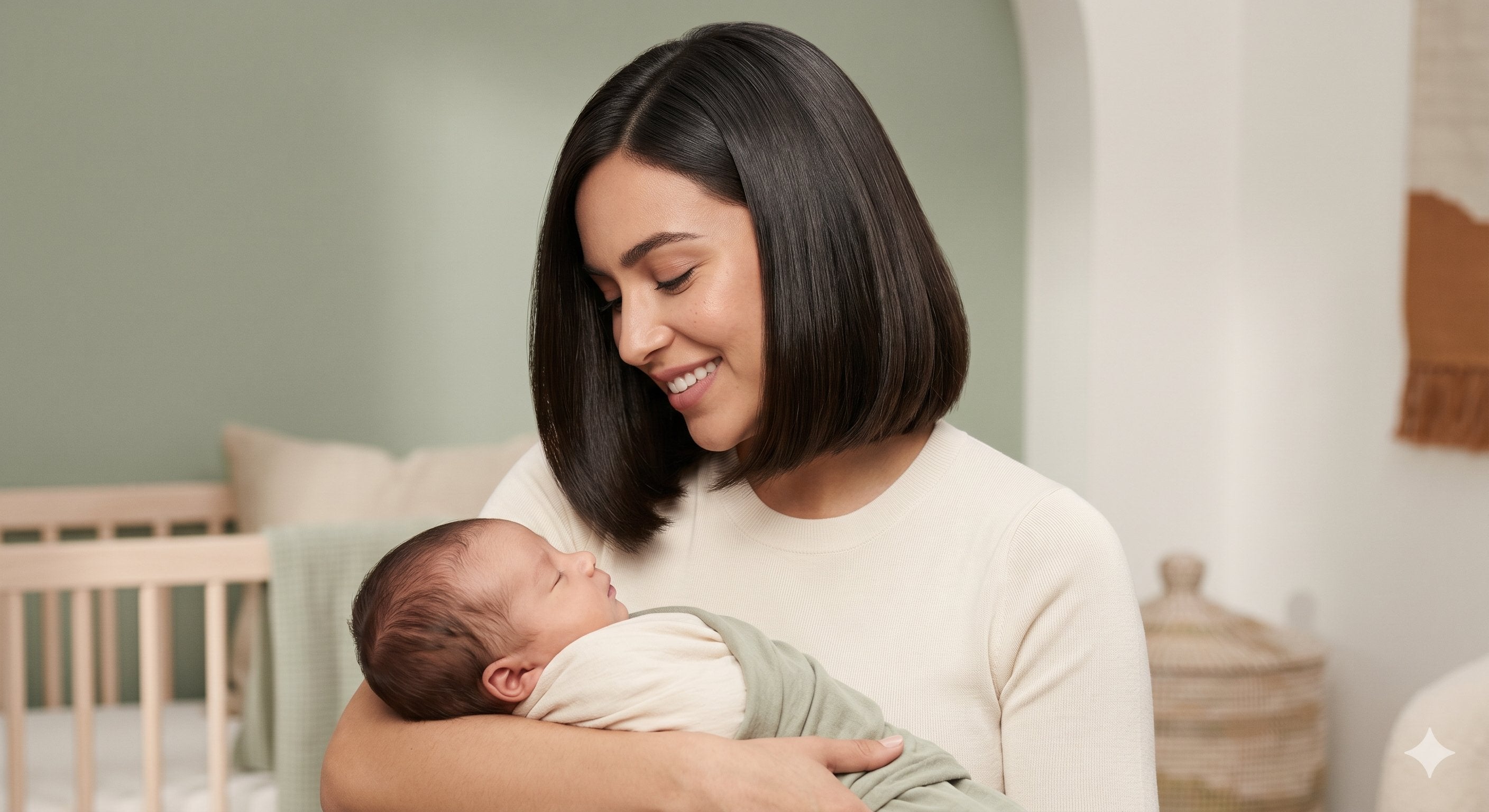 Mother holding her newborn baby in a nursery